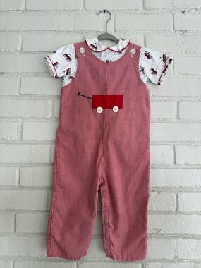 2 Piece Boutique Boys Gingham Outfit Set Longall Overalls Red Wagon